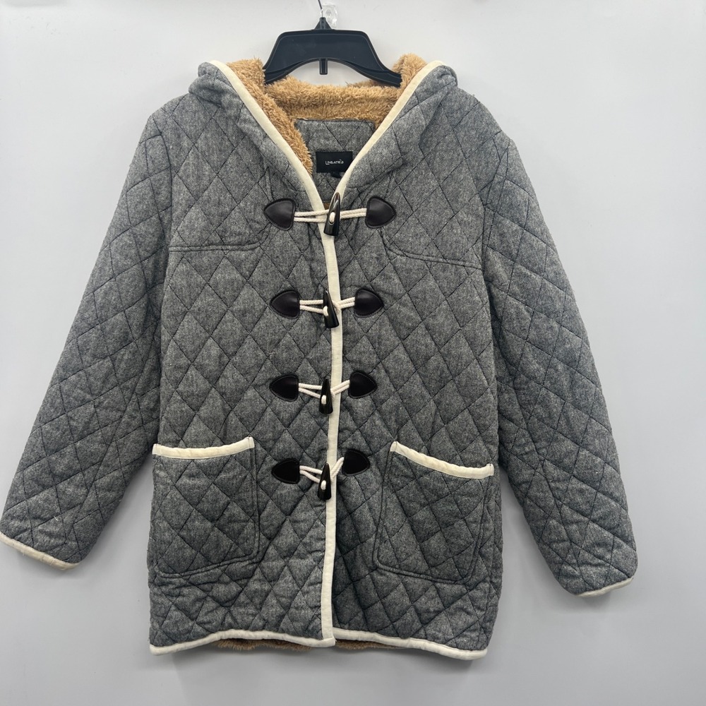 Lineatre Italy Quilted Faux Sherpa Lined Duffle Coat Women's Size M Gray Hooded